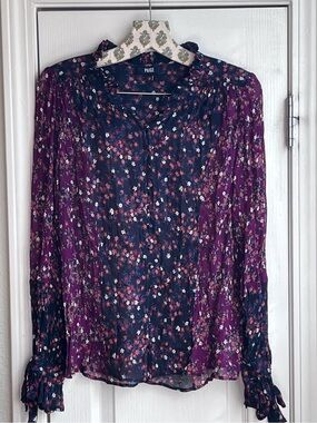 PAIGE Dorothy 100% Silk Floral Ruffle Blouse Navy Black Purple Women’s Size S
